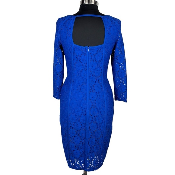 ADRIANNA PAPELL BLUE FLORAL LACE 3/4 SLEEVE STRETCH FITTED SHEATH COCKTAIL DRESS - Picture 3 of 15